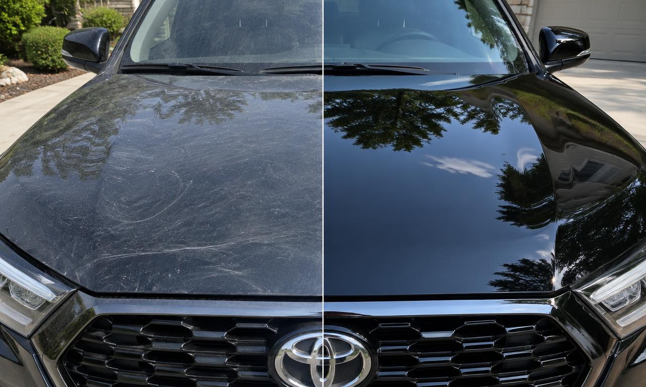 Before and after paint correction on a black SUV hood