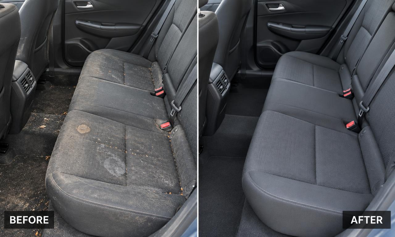 Before and after interior shampoo of rear seats