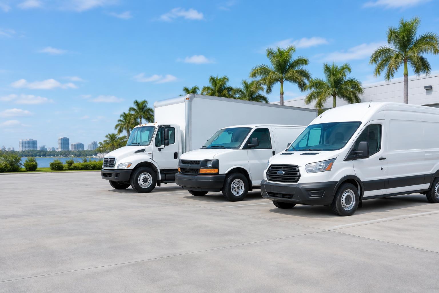 Clean commercial vans and a box truck lined up in a business yard
