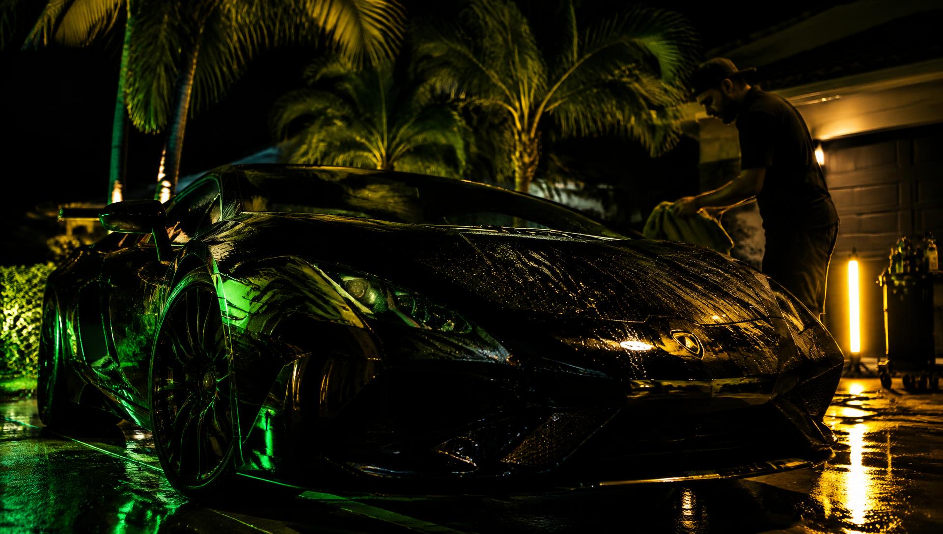 Glossy black sports car being detailed at night